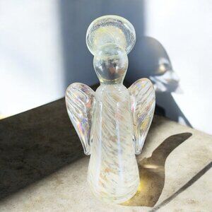 Heavy Art Glass Angel Spiritual Figurine Paperweight Iridescent Swirl Finish VTG